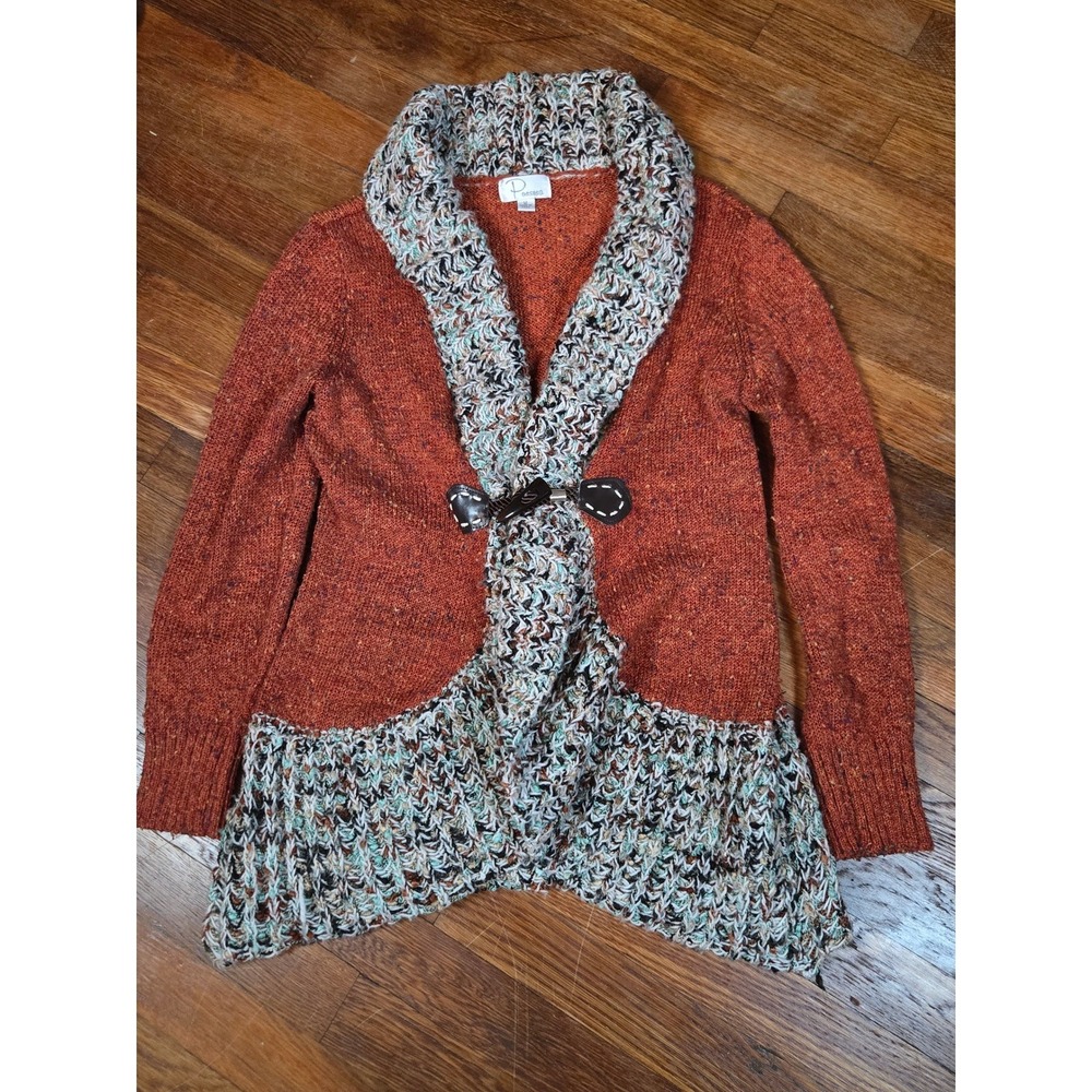 Ponsesa Womens Orange Mixed Knit Toggle Front Cardigan Sweater Size M F48334